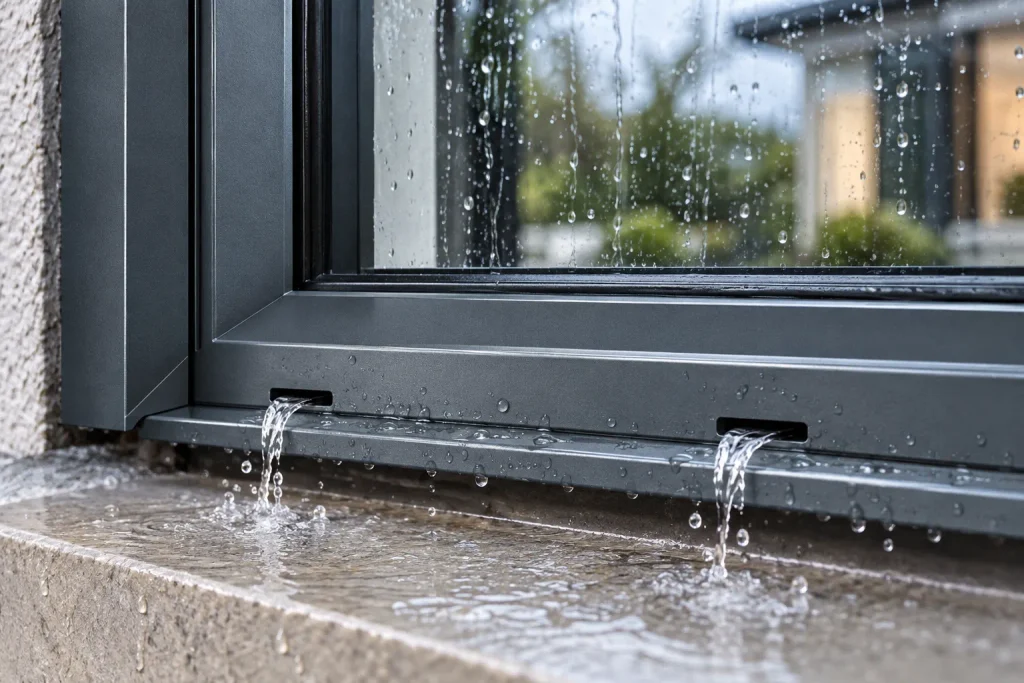 Rainwater draining through weep holes at the bottom of a modern aluminum window frame.