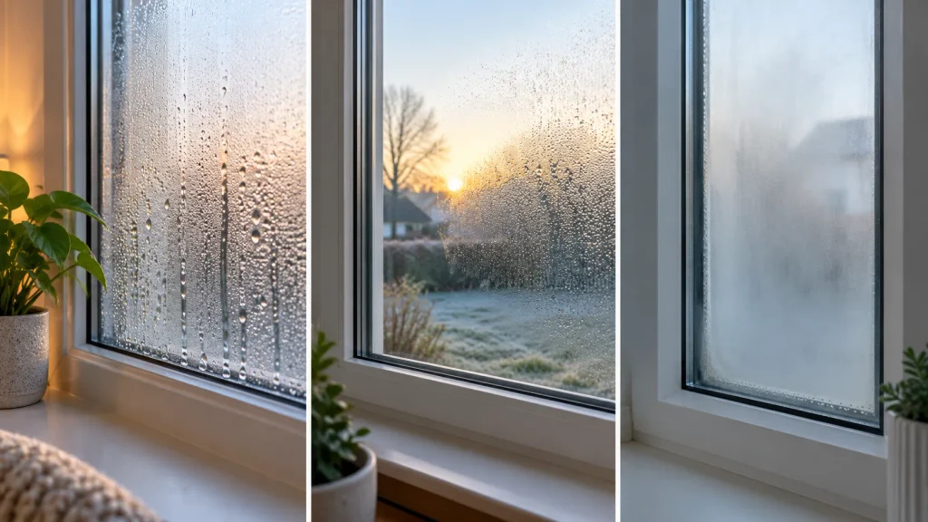 Three window panels showing condensation on the inside glass, outside surface, and trapped between double-glazed panes.