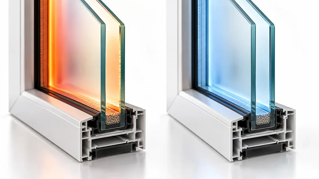 Double-pane insulated glass cavity illustrating air-filled and argon-filled window construction