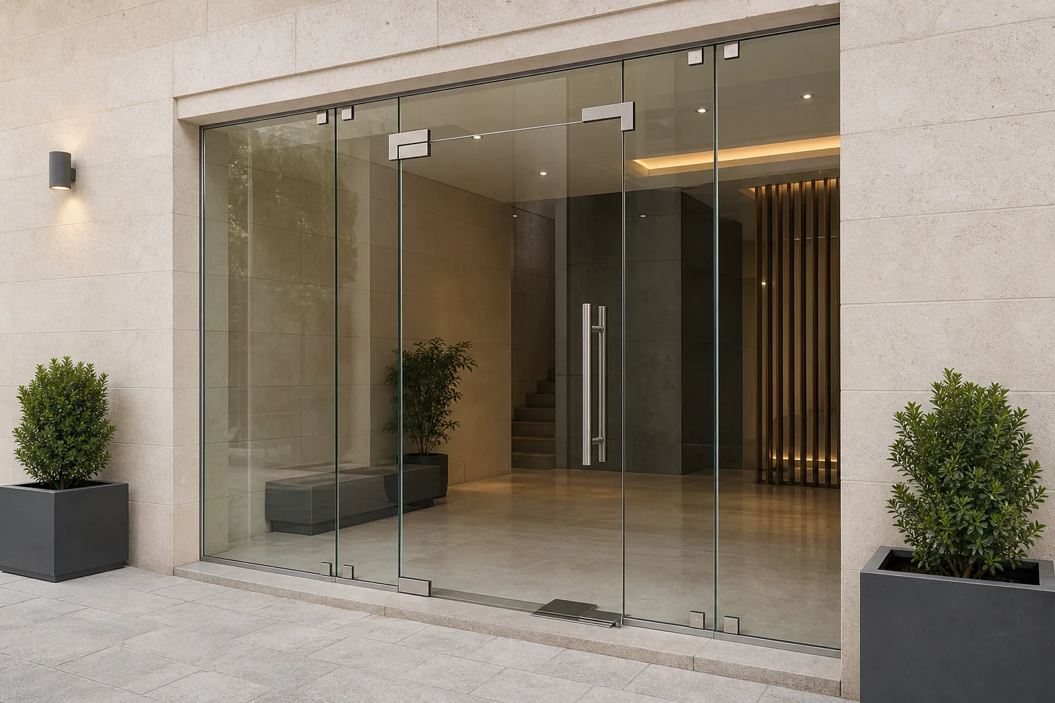Frameless tempered-glass entrance with polished metal fittings